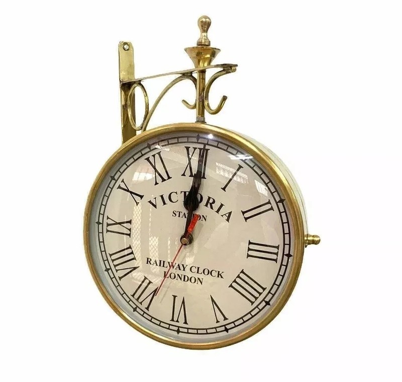 8" Station Clock Wall Clock Home decor Handmade Shinny Brass Double Sided gallery