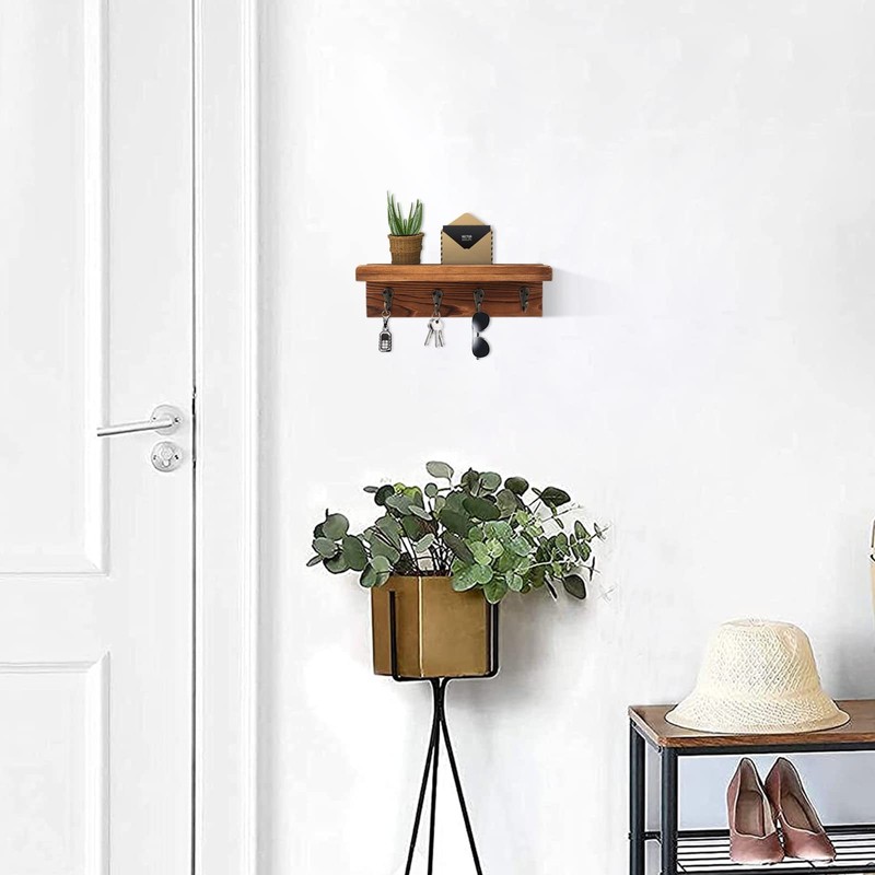 Rustic Key Holder for Wall, Farmhouse Wall Shelf with 4 Hooks, Wall Mounted Key gallery