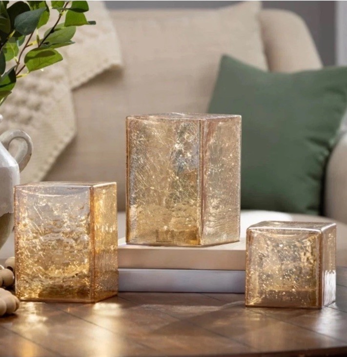 Evergreen Led Glass Cube Towers Gold Crackle Finish 3 Hand-Blown