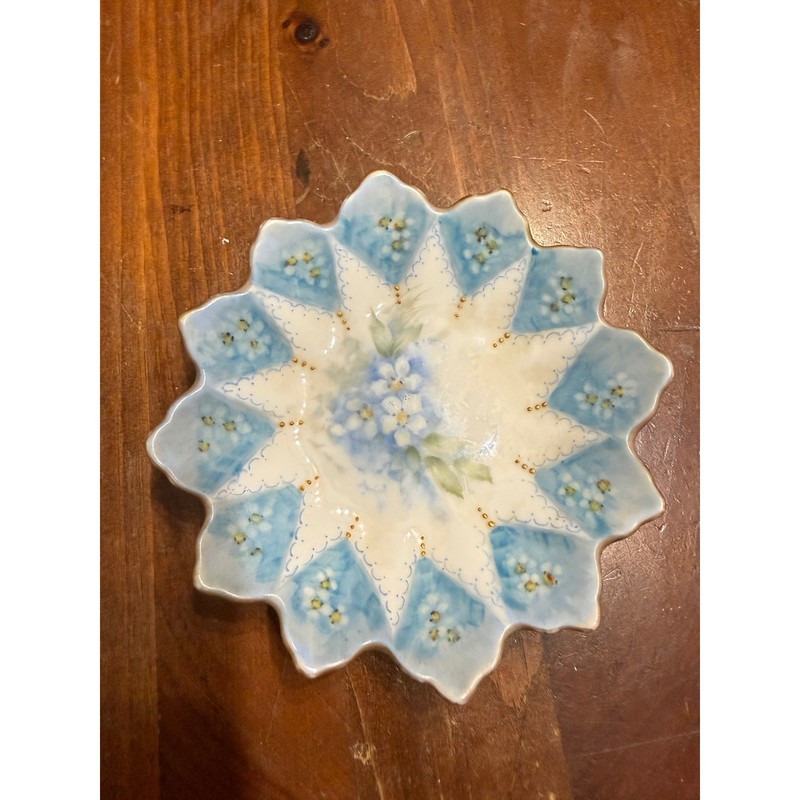 Vintage Rama C Harvey Hand Painted Porcelain Floral Trinket Dish Blue Gold 1975