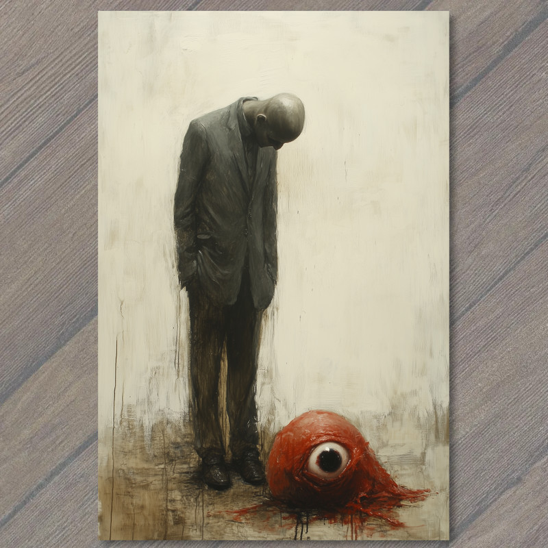 Art Print Man in Suit Stares at Red Eyeball Unique Visionary Scene Strange Wier