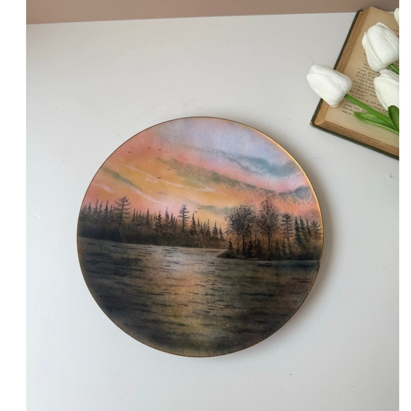 Vintage Signed Copper Enamel Hand Painted Decorative Plate Forest Lake Sunset