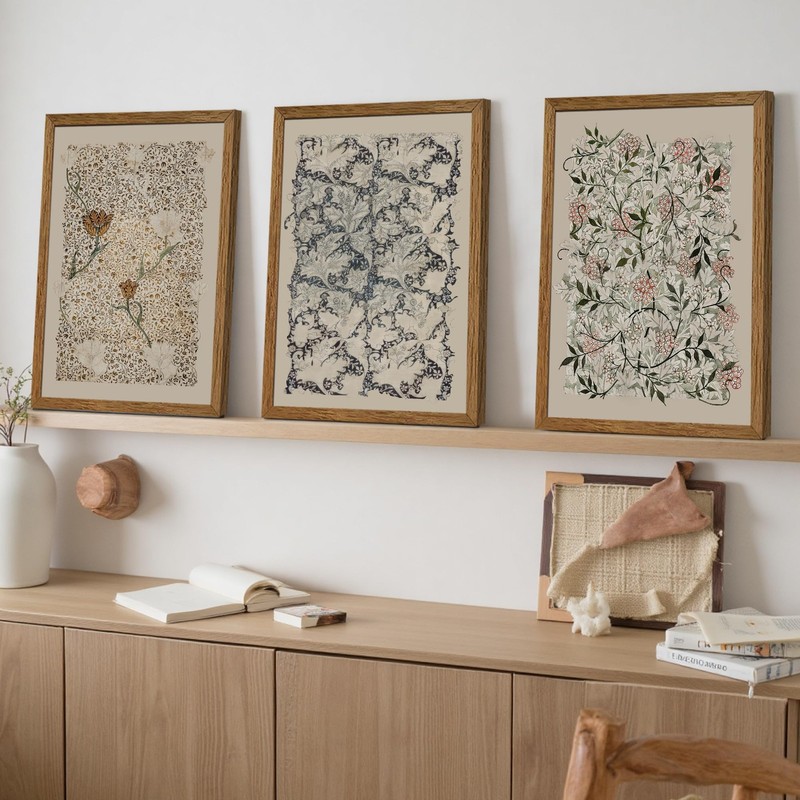 Krtoni 3PCS Framed Vintage William Morris Wall Art, Neutral Abstract Floral C... gallery