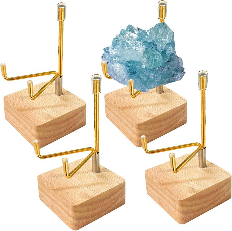4 Pcs Rock Display Stand Crystal Display with Wooden Base Adjustable Metal Arms