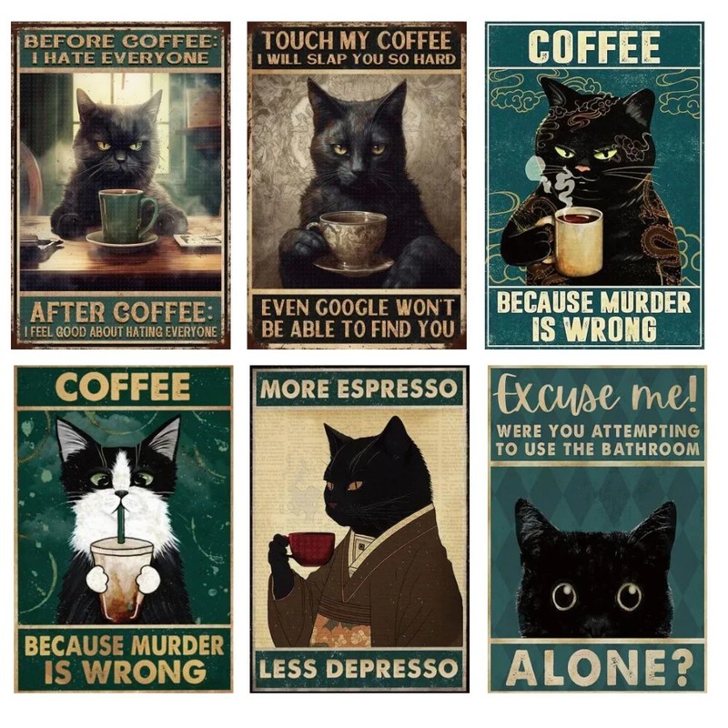 Retro Funny Cat Metal Tin Sign Home Decor Fridge Magnet Coffee Shop Wall Decor