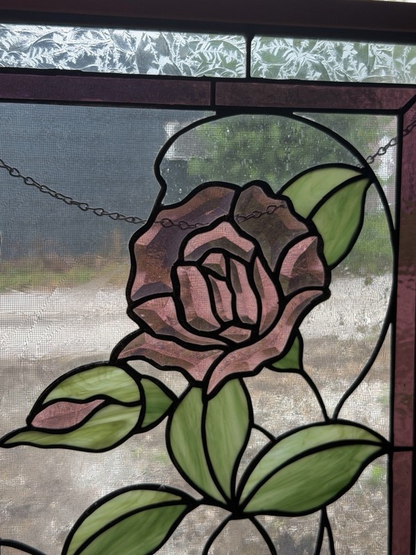 Large Stained Glass Rose Window Panel With Metal Chain. HEAVY gallery