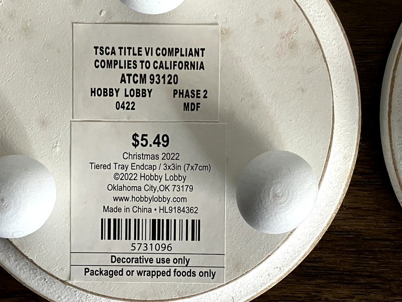 NOS "HOBBY LOBBY" PAIR OF 2 TIERED TRAY WOOD ENDCAPS, 4 INCH IN DIAMETER gallery