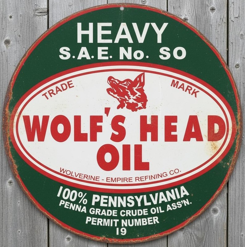 Wolf’s Head Oil 12″ Diameter Vintage Novelty Metal Sign Made In USA New!