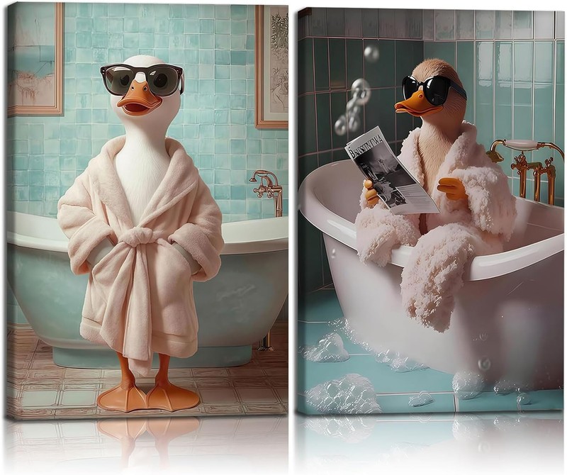 Funny Duck Bathroom Framed Wall Art, 16 x 24 Inch, 2-Pack Picture Home Decor