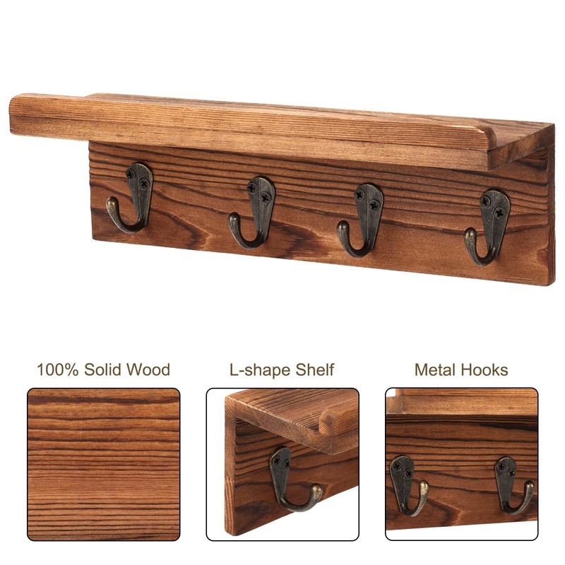 Rustic Key Holder for Wall, Farmhouse Wall Shelf with 4 Hooks, Wall Mounted Key gallery