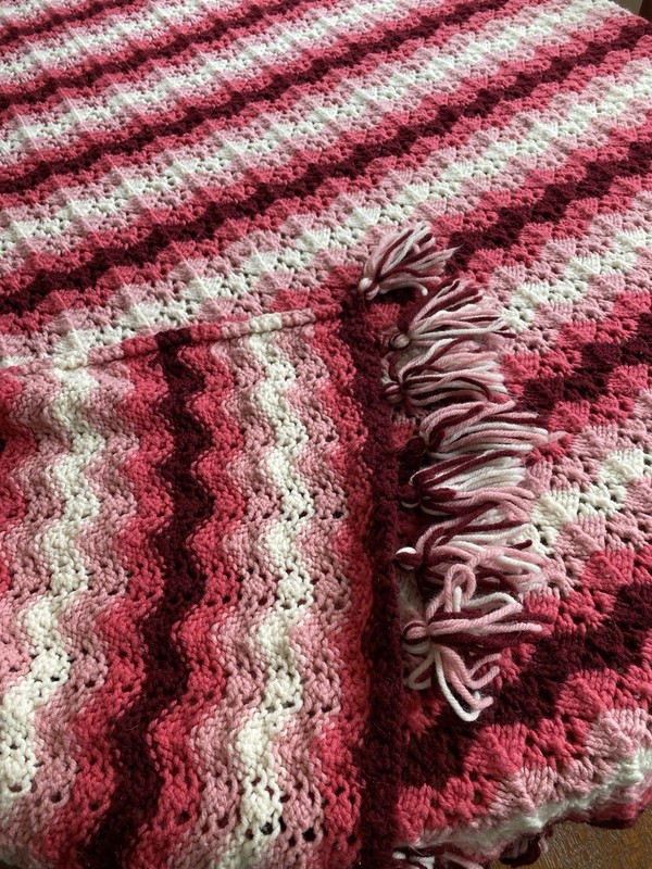 Vtg Handmade Crochet Afghan Throw Blanket Burgundy Pink 54x63 Zig Zag Cottage gallery