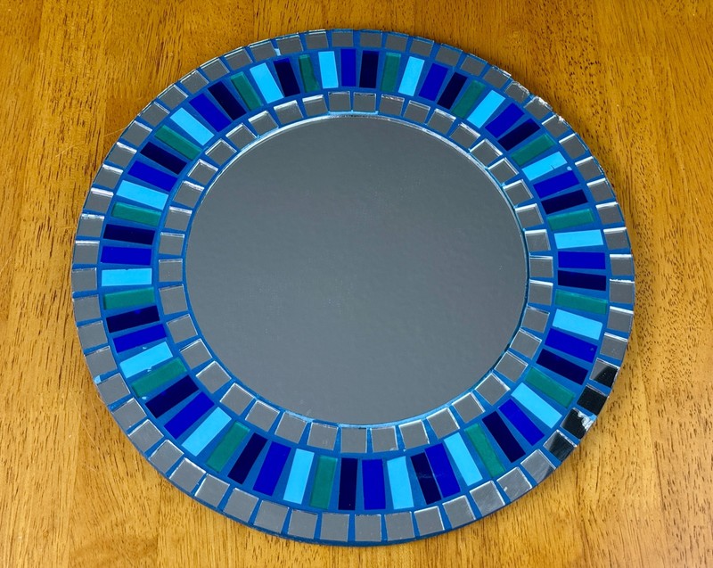 VTG 13″ Handmade Art Glass Mosaic Shades of Blue Tile Round Wall Hanging Mirror
