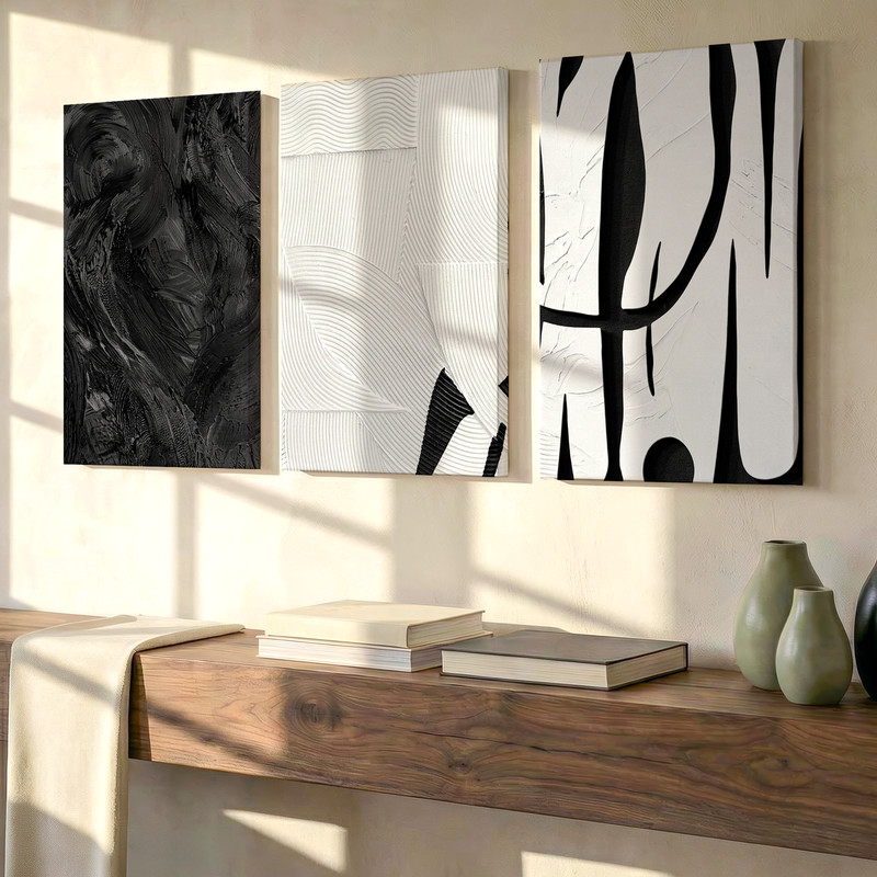 3 Pieces Modern Abstract Black and White Textured White Large Wall Art Decor