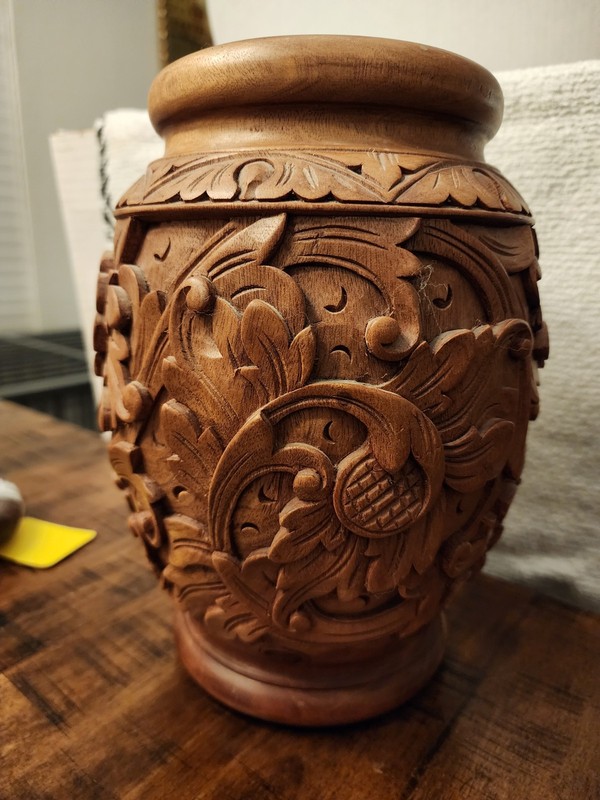 Asian Balinese? Hand Carved Floral Wood Vase Bali Art Pot Market 10″