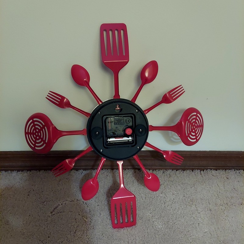 Retro Styled Red Metal Kitchen Utensils Clock - Silver Face Black 1 to 12 gallery