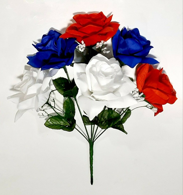 Vibrant Red White & Blue Microfiber 6 – 4.5″ Rose 13″ Bush Patriotic Silk Flower