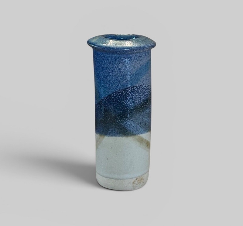 Signed Studio Pottery Vase Blue Glazed Cylinder Modern Handmade Ceramic Bud Vase