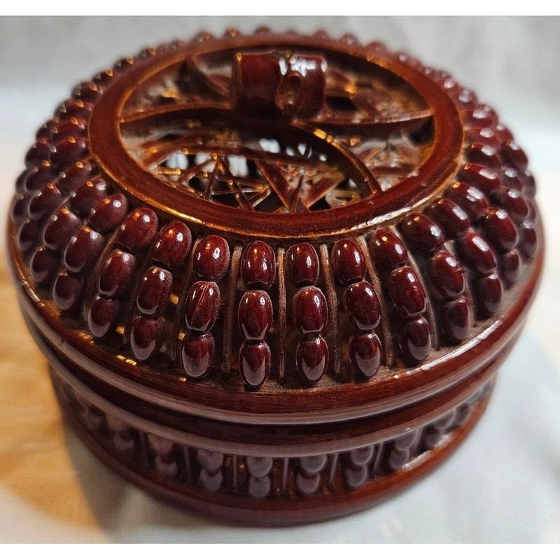 Vintage Woven Bamboo Wood Trinket Box Abacus Bead Design Round Decorative Case gallery
