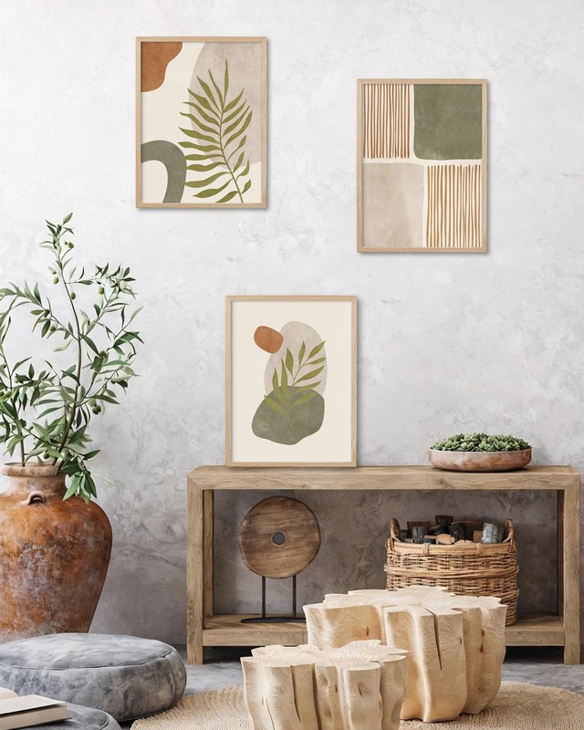Natural OAK Wood Abstract Geometric Framed Wall Art,12x16in Neutral Green Bei... gallery