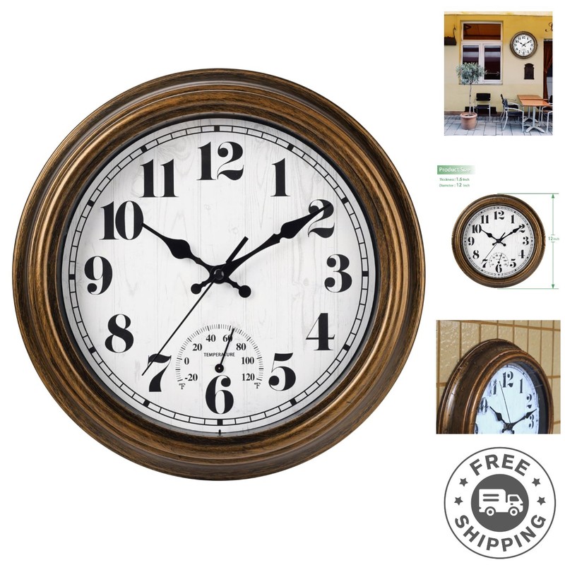 Elegant 12-Inch Retro Waterproof Wall Clock with Thermometer – Silent & Stylish