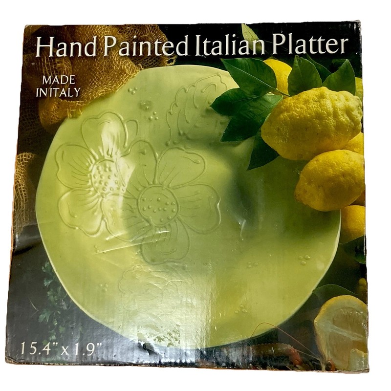 SOLE DI TOSCANA Hand Painted ITALY Pottery Platter Tray Green Floral 15.4″ Round