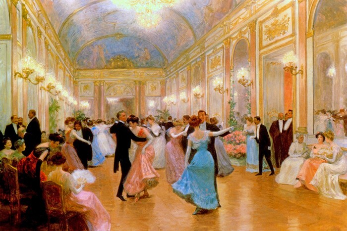 AN ELEGANT EVENING BALL DANCE BALLROOM DANCING PAINTING BY VICTOR GILBERT REPRO