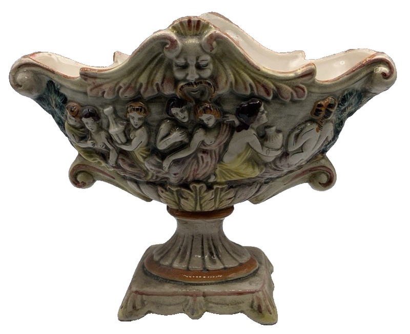 Vtg Large Multicolor Capodimonte Footed Oval Ceterpiece Oval Bowl Mask Face READ
