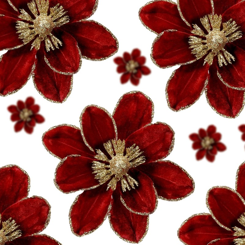 18 PCS 5.9 Inch Christmas Magnolia Flower Artificial Glitter Velvet Wine Red