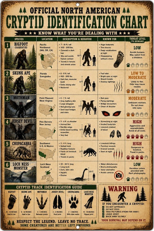 Funny Cryptid Identification Chart 8×12 Metal Sign Bigfoot Mothman Chupacabra
