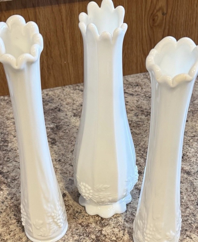 Westmorland Glass Swung Bud Vases Set of 3 Embossed Floral Mid Century