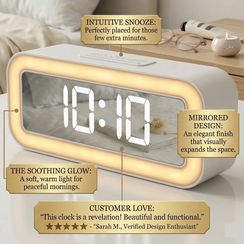 LED Alarm Clock Halo Night Light Mirror Display Dual Alarm USB Charging Temp