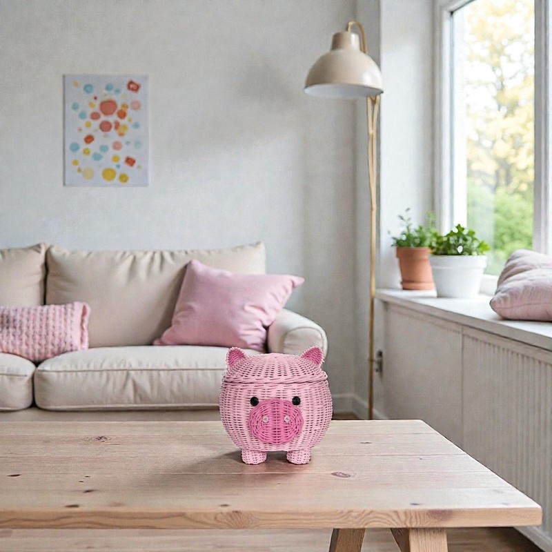 Large Pig Rattan Storage Basket Decor Hand Woven Shelf Organizer Wicker Piggy