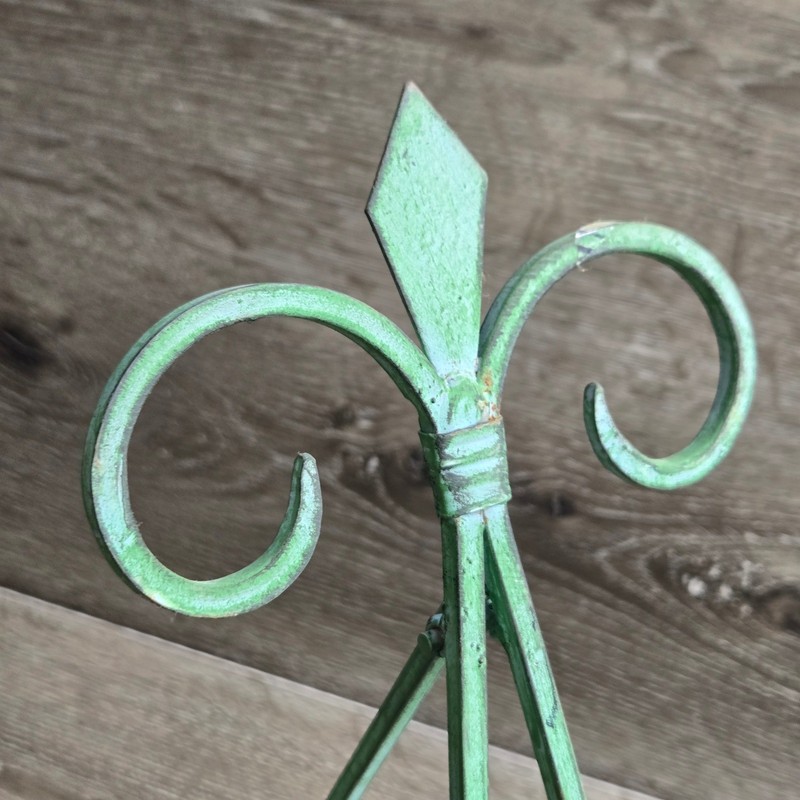 Vintage Fleur De Lis Metal Easel Stand Verdigris Green Patina Plate Display 16" gallery