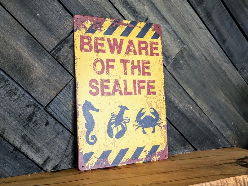 Beware of the Sealife Sign – Funny Nautical Beach House Decor – 8 x 12 in