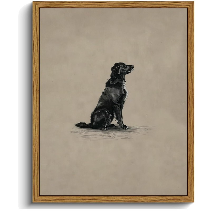 Vintage Framed Black Dog Painting, Minimalist Art