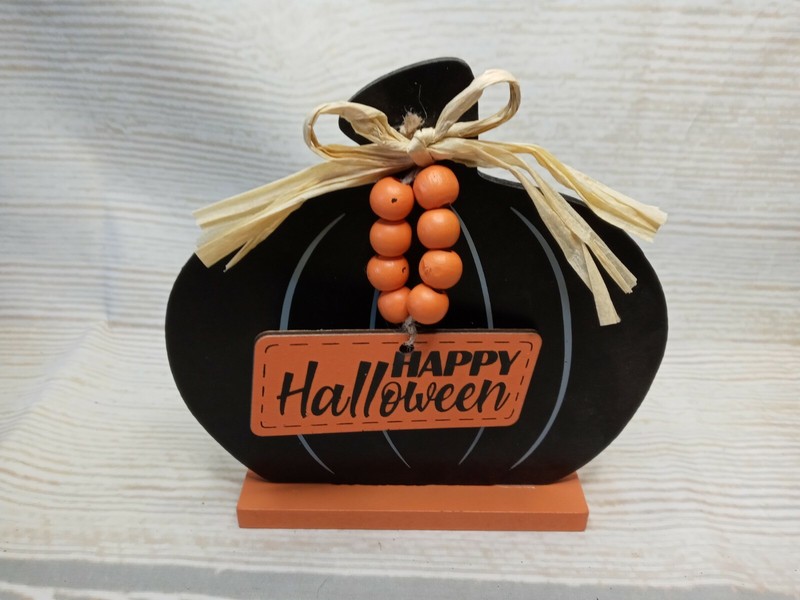 New! “Happy Halloween” Pumpkin Beads Wood Sign Decor Black Orange Fall Harvest ~