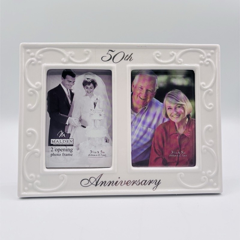 50th Anniversary White Ceramic 2 Photo Frame 3.5×5 Malden International Designs