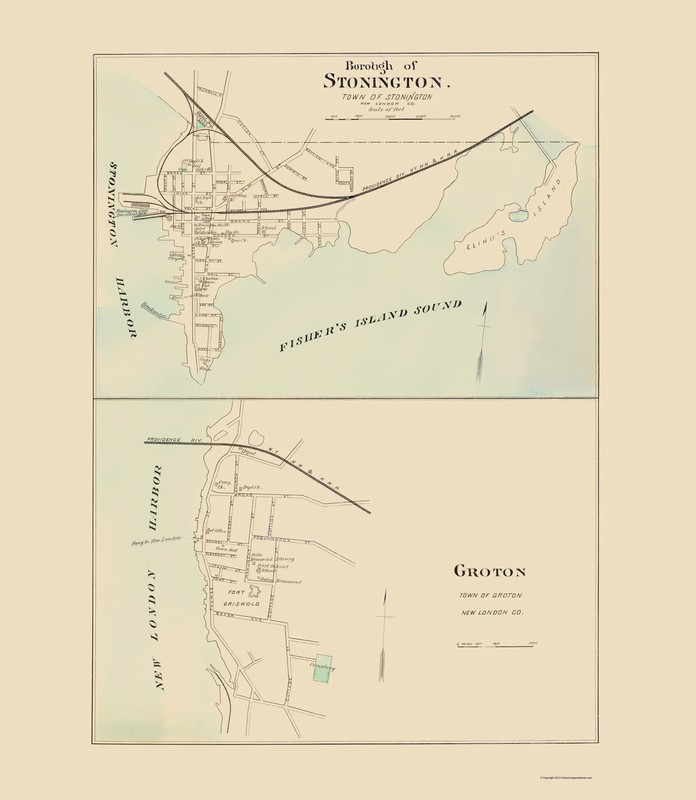 Historic City Map – Stonington Groton Connecticut – Hurd 1893 – Vintage Wall Art
