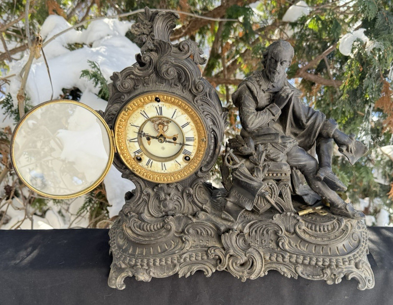 Antique C 1904 Ansonia MACBETH Figural Statue Mantle Clock - ALL ORGINAL - VIDEO gallery