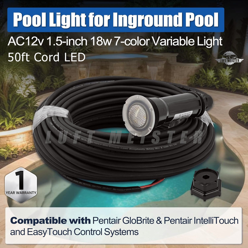 FC-PC55 1.5" RGB Pool Light For Inground Pools 12V 18W 7 Color 50ft Cord LED NEW gallery