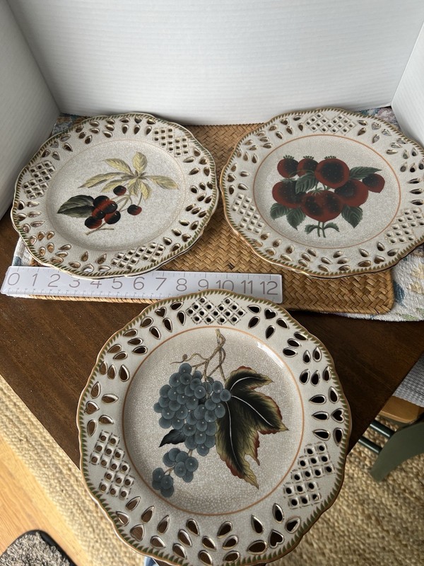 Set of Three Reticulated Porcelain Plates with Botanical Fruit Design 10.5