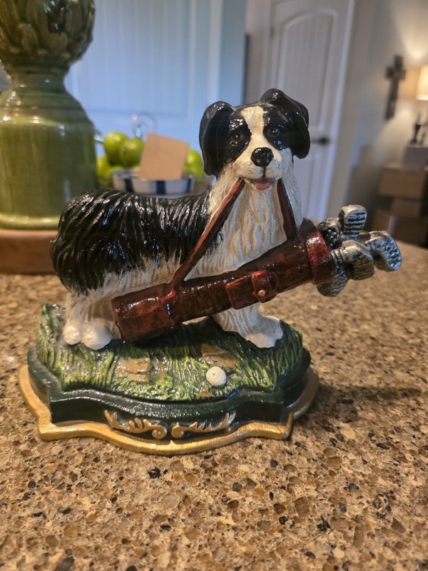 Cast Iron Border Collie Door Stop with Golf Clubs Dog Caddie Hand Painted