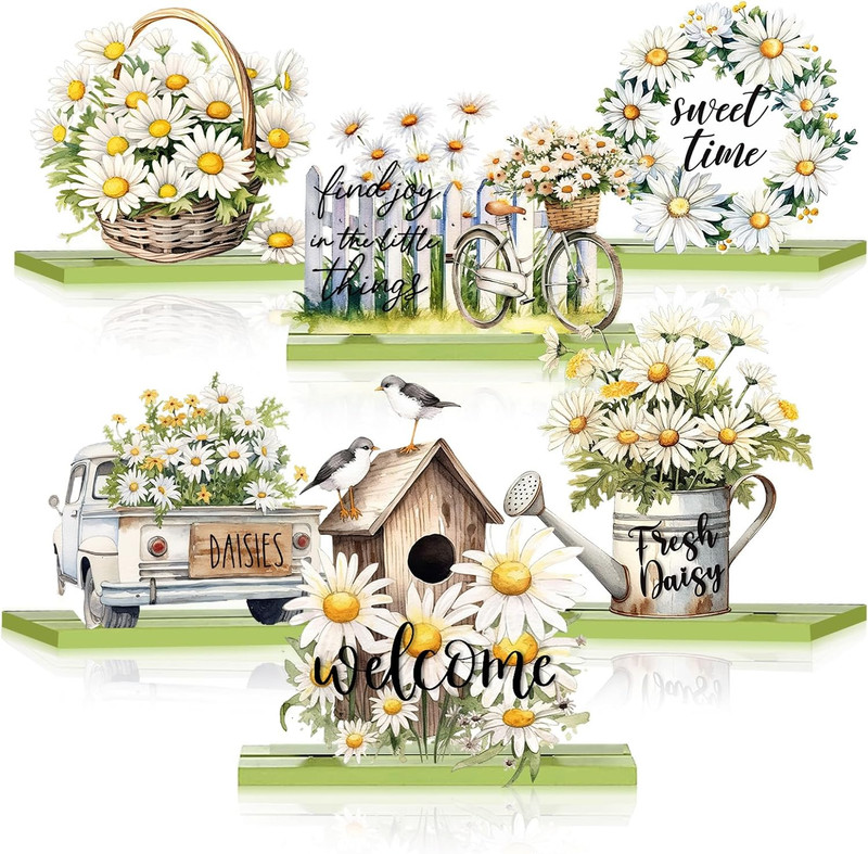6 Pcs Spring Wooden Table Decorations Daisy Centerpiece Wood Tabletop Sign Rusti