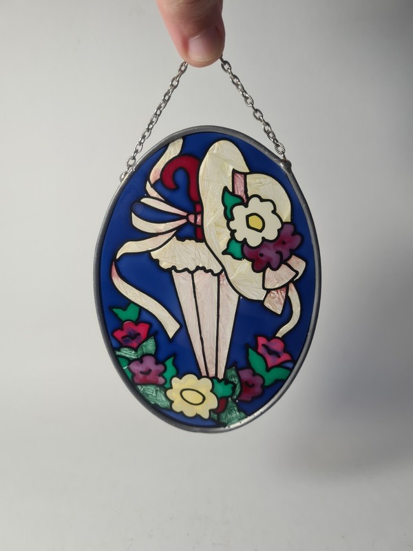 Vintage Stained Glass sun catcher hanging decor umbrella hat floral
