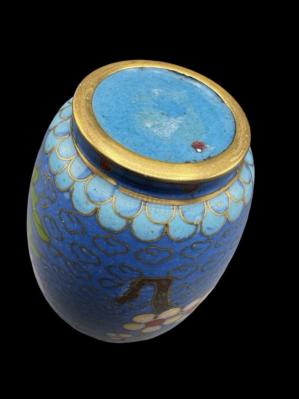 Vintage Cloisonne Vase 4 Inch Floral Enamel Brass Blue Green White Bud Vase gallery