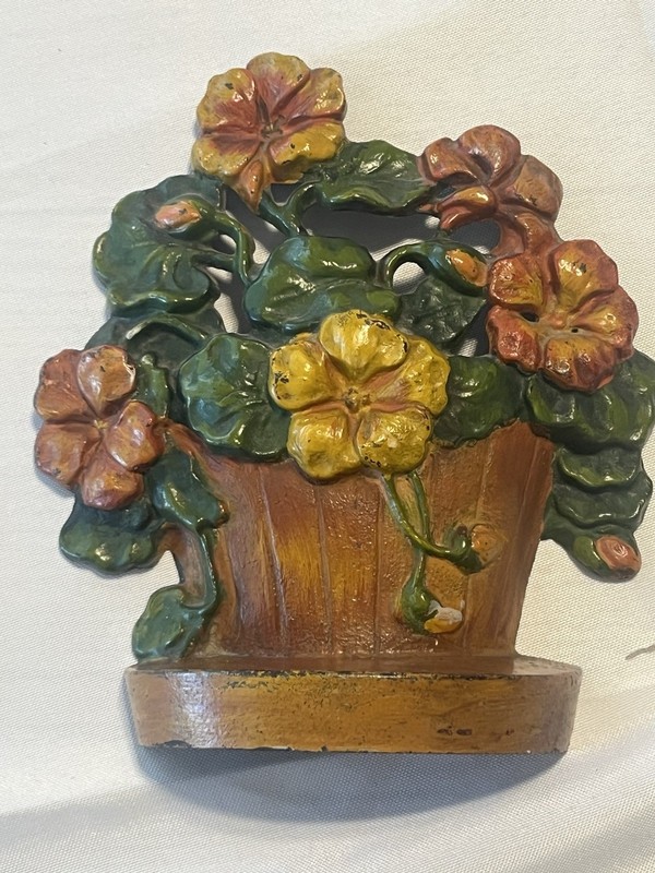 VTG Cast Iron Doorstop Bookend Orange Yellow Flowers in Barrel Cottage-core 7in