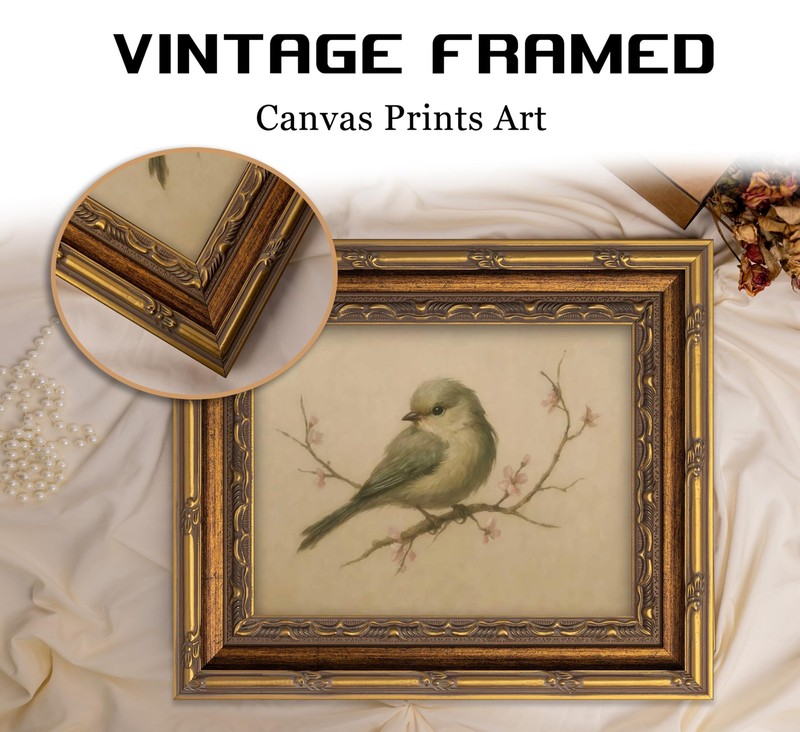 Vintage Gold Framed Wall Art Spring Bird Oil Painting Canvas Print Cherry Blo... gallery
