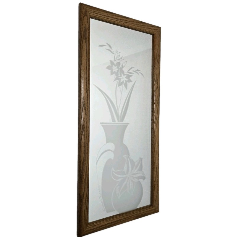 1980's Wall Mirror w/ Frosted Flowers Randolph Buford Signed Framed  21.5"x9.5"