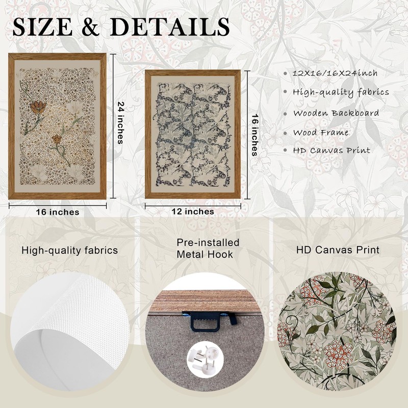 Krtoni 3PCS Framed Vintage William Morris Wall Art, Neutral Abstract Floral C... gallery