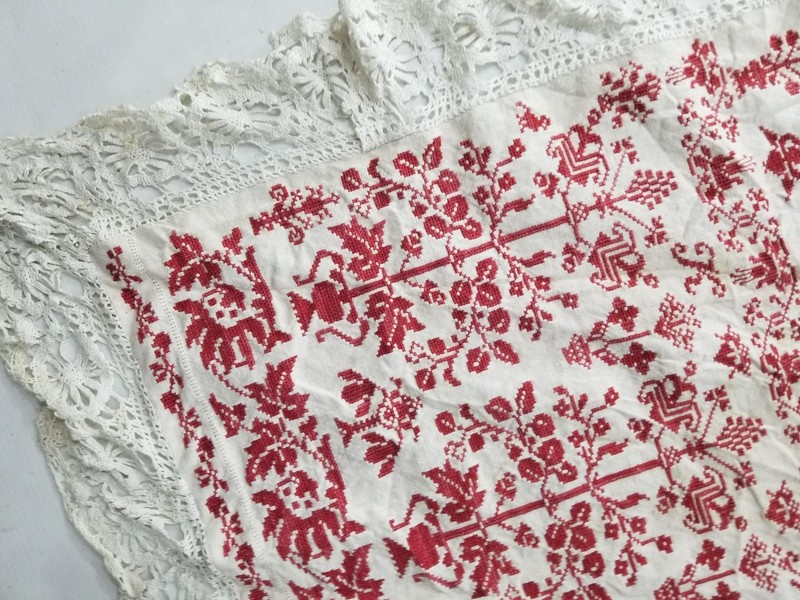 Antique Eastern European Red Cross-Stitched Panel with Lace Trim 94x57 in gallery